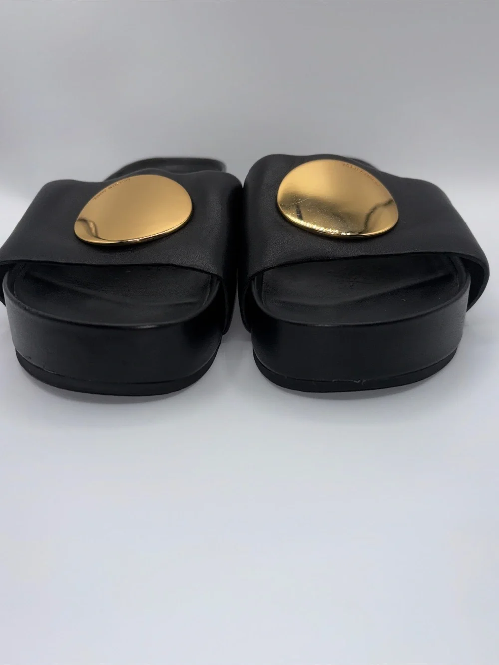 Tory Burch Black Leather Slide Sandals with Large Gold Discs